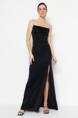 Long Evening Evening Gown Dress With Black Lining Knitted Glitter Accessory Tprss19ut0102