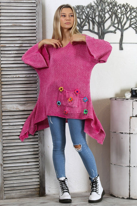 Pink V Neck Spanish Sleeve Pocket Embroidered Knitwear Asymmetric Tunic M10010500tn99549