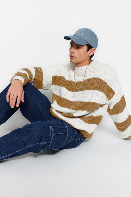 Camel Mens Oversize Fit Wide Pattern Crew Neck Striped Knitwear Sweater Tmnaw23kz00106