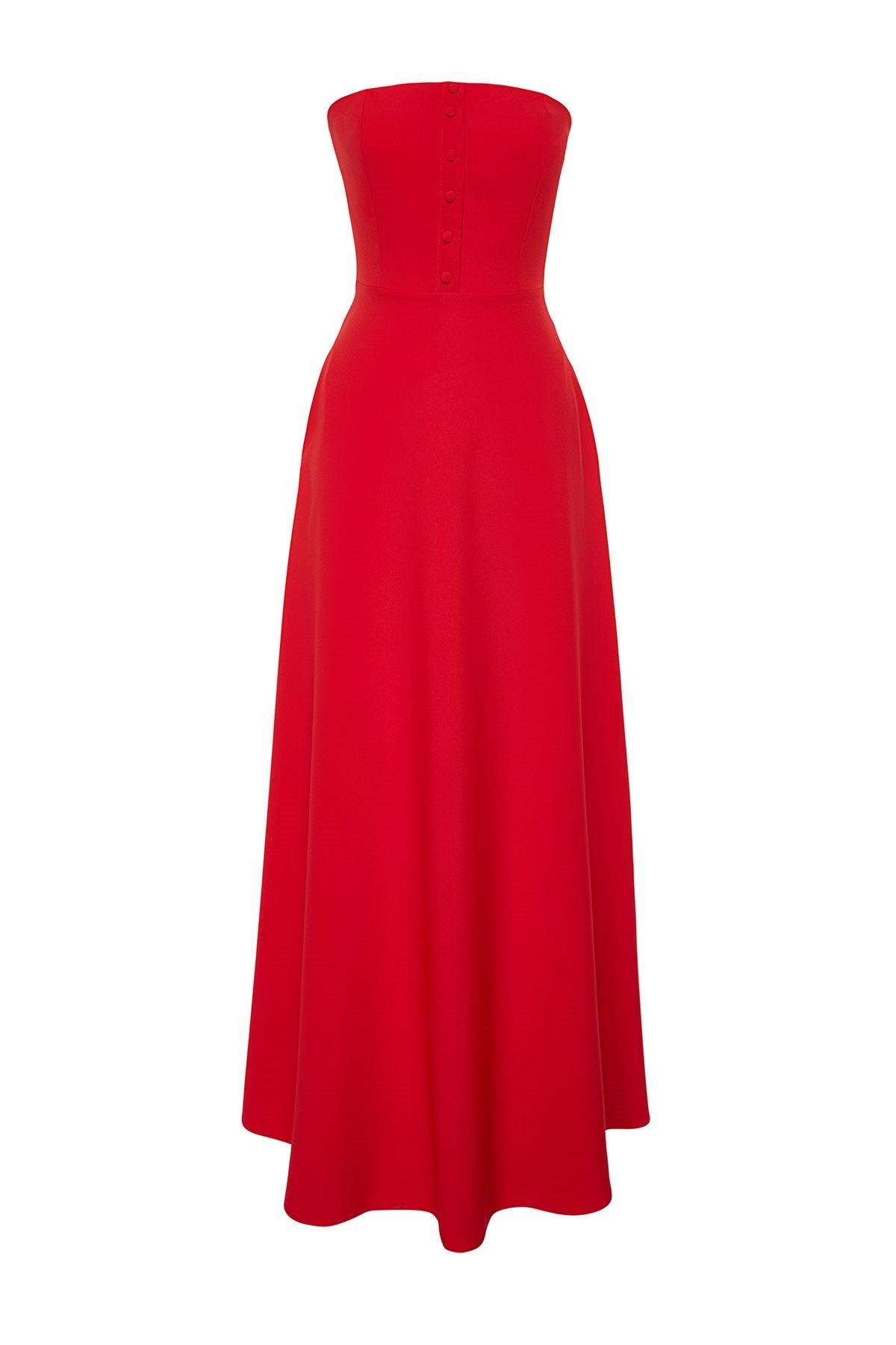 Red Buttoned Woven Long Evening Dress Tprss24ae00095