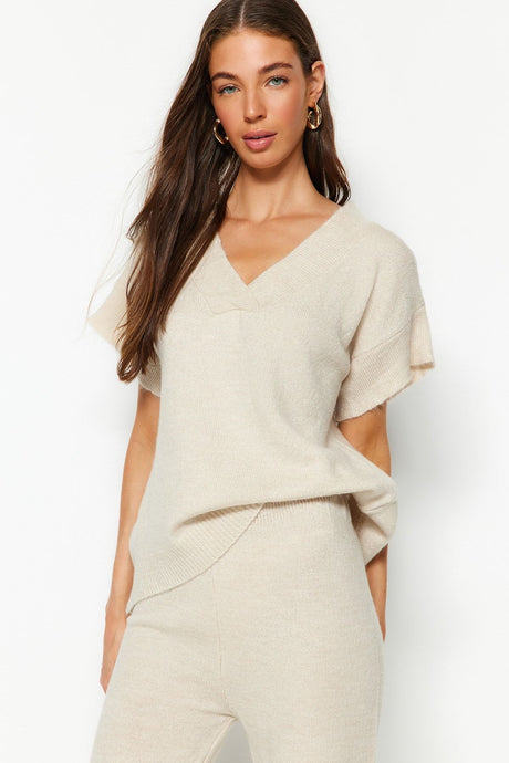 Stone Soft Textured V Neck Knitwear Bottom-top Suit Twoaw24au00042