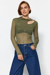 Anthracite Transparent Textured Cut Out/window Detailed Fitted/body Fit Knitted Blouse Twoaw24bz0029