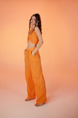 Cotton Fabric Strap Loose Fit Rise Pants Orange Hlrisepantolon