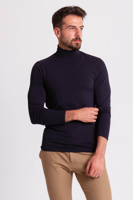 Solid Anthracite Color Slim Fit Long Sleeve Full Turtleneck Men's Combed 36678.21k