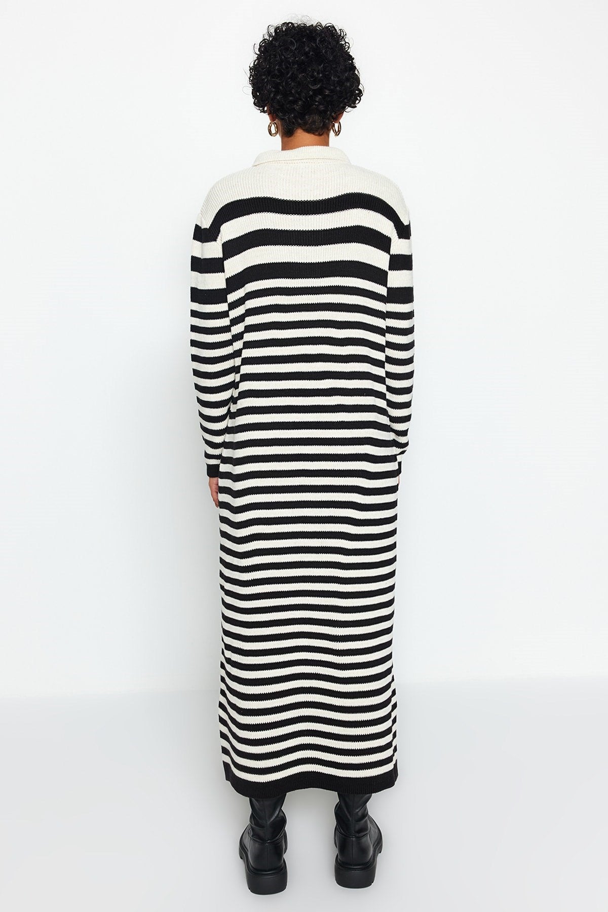 Black Polo Neck Striped Knitwear Dress Tctaw24eb00026