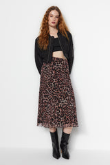 Multicolor Leopard Pattern Lined Tulle A Cut/bell Form Midi Knitted Skirt Twoaw24et00130