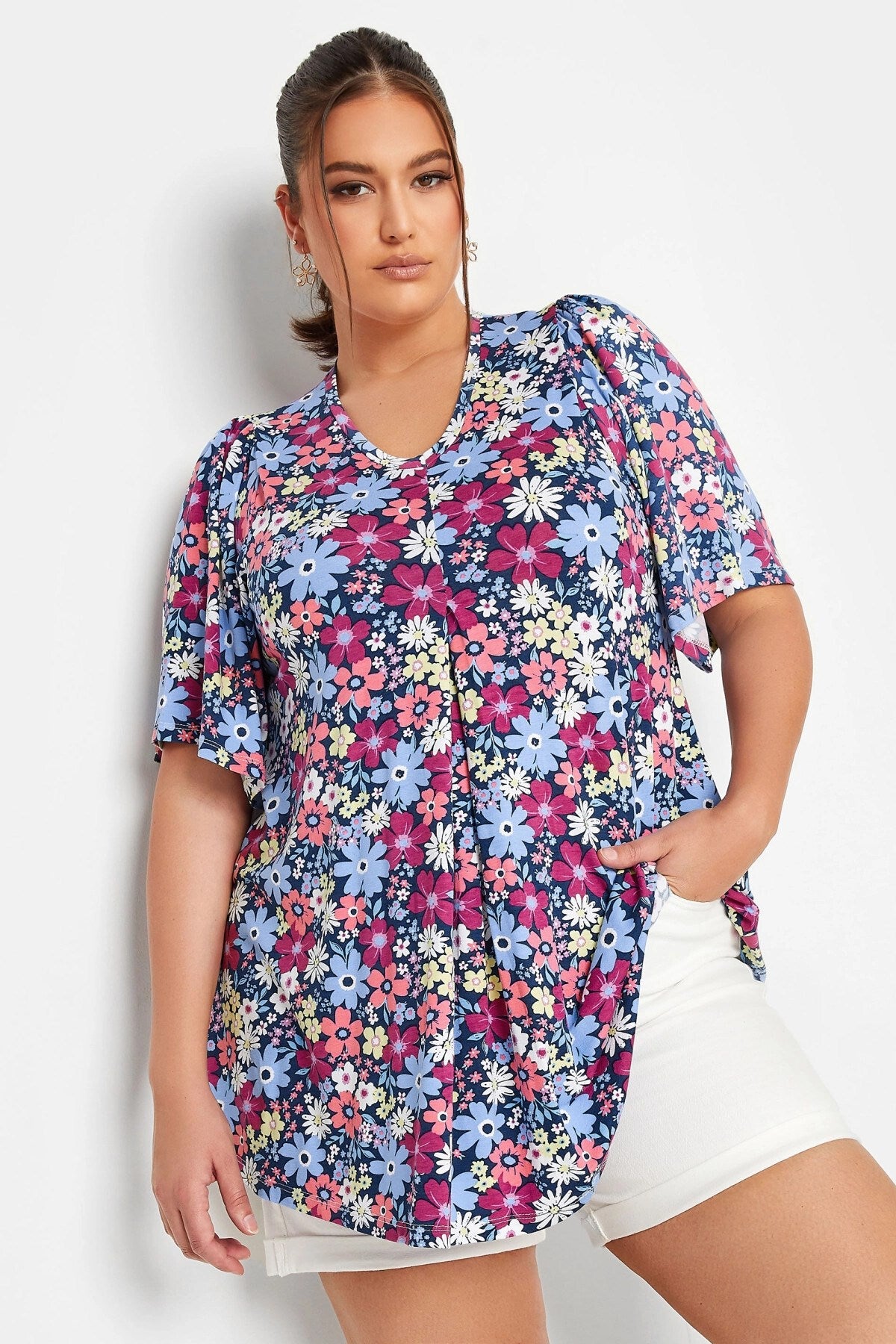 Plus Size V-neck Asymmetrical Cut Lycra Blouse 302388 302236