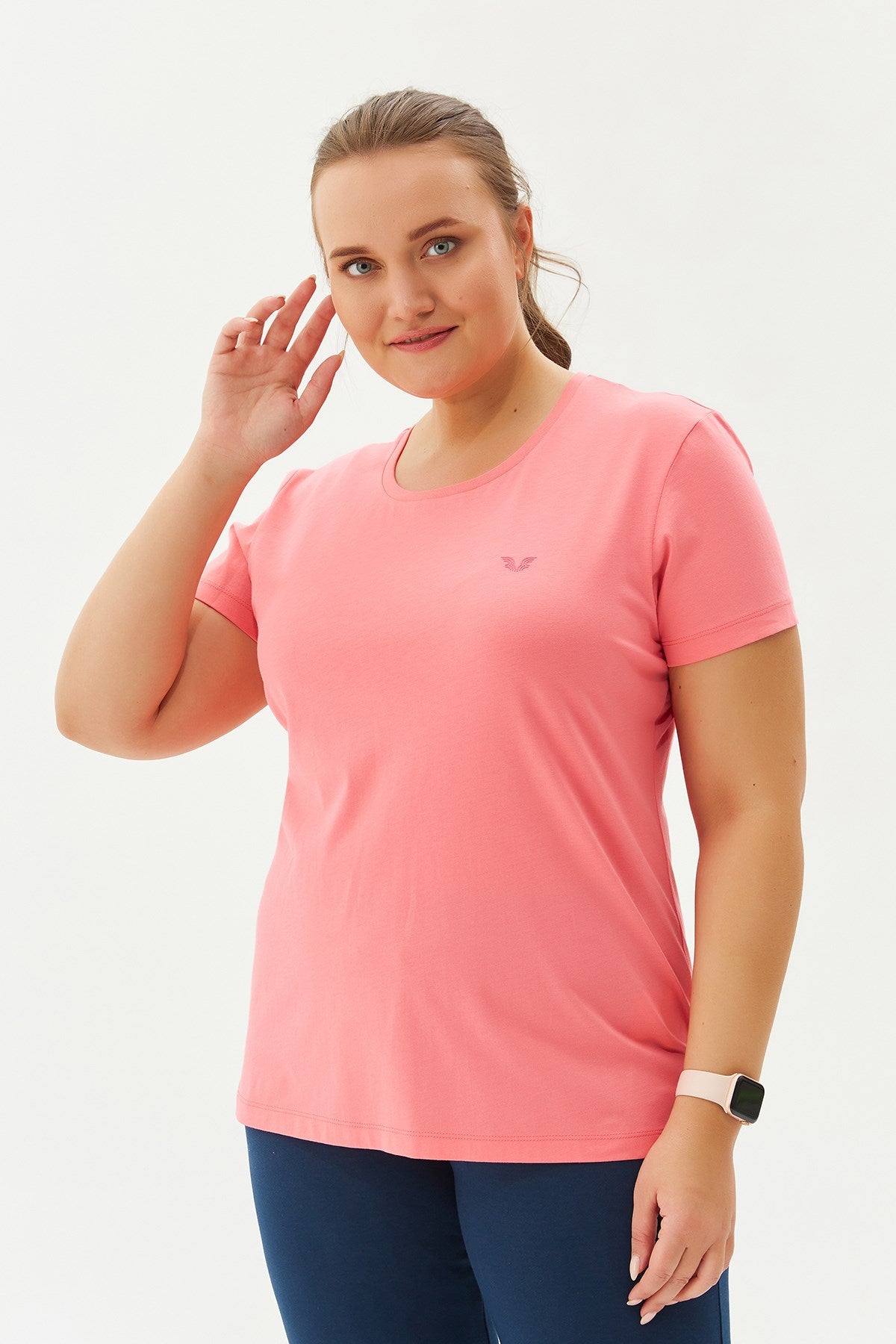 Women's Cream Plus Size 100% Cotton Crew Neck Back Long Basic Short Sleeve Sports Casual T-shirt 010