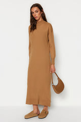 Camel Stand-up Collar Knitwear Dress Tctaw24eb00015