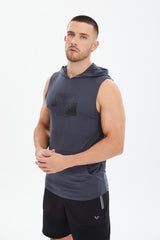 Men's Blue Cotton Plain Printed Pocket Hooded Sleeveless Casual Sports Zero Sleeve Athlete T-shirt T