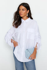 Stone Sleeves Adjustable Ruffle Detailed Woven Cotton Shirt Tctss23tg00011