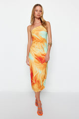 Orange Printed Body Fitting Midi One Shoulder Flexible Knit Pencil Dress Twoss23el01577