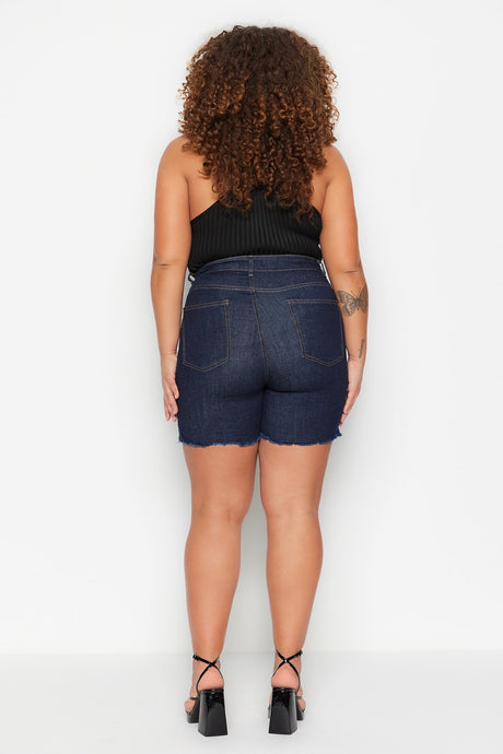 Dark Blue High Waist Flexible Skinny Sides Slit Denim Shorts & Bermuda Tbbss23ap00009