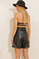 Women's Black Waist Belt Double Pocket Faux Leather Shorts Alc-x10853