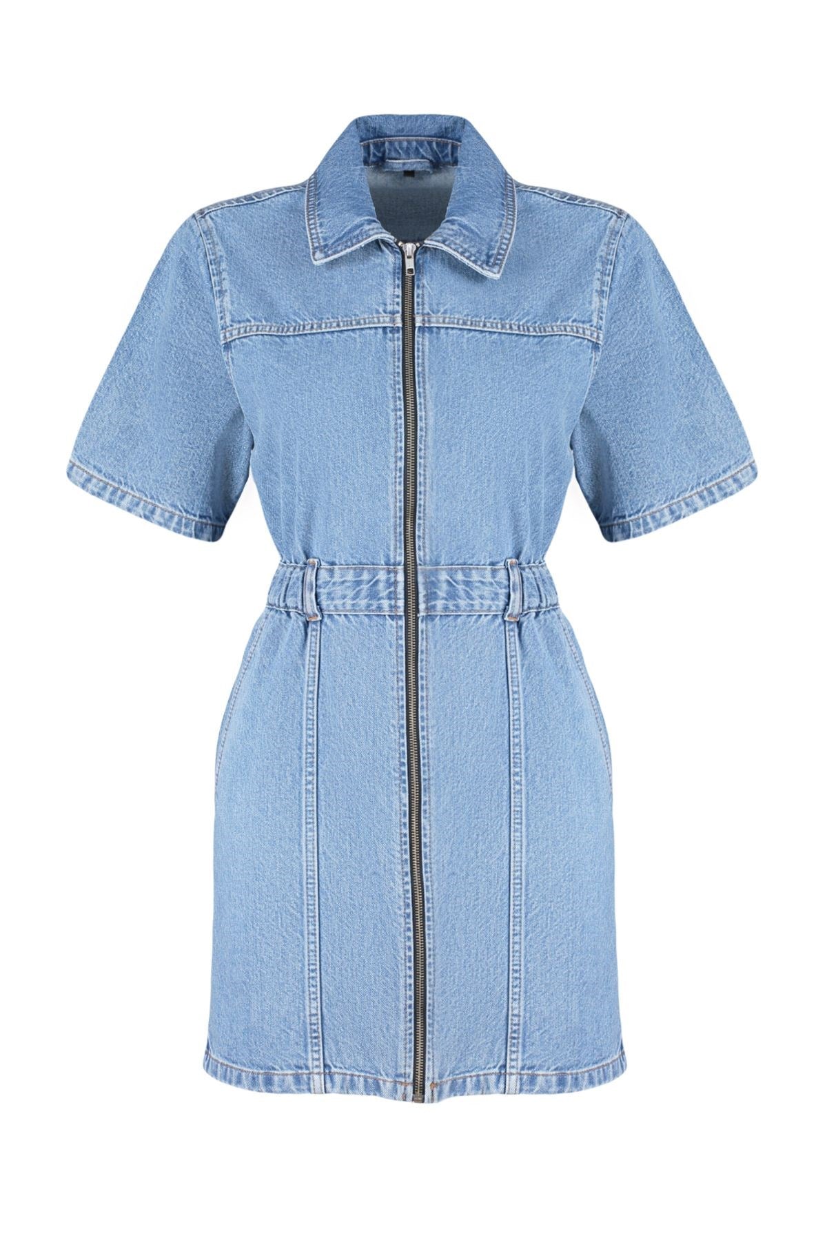 Blue Zipper Detailed Mini Denim Dress Twoss24el00367