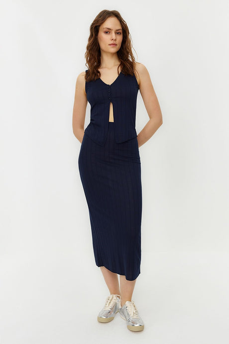 Navy Blue Ribbed Button Detailed Stretch Midi Skirt Knitted Bottom Top Suit Twoss24au00003