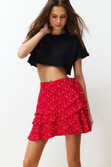 Red Floral Print Viscose Mini Shorts Skirt Twoss24sr00045