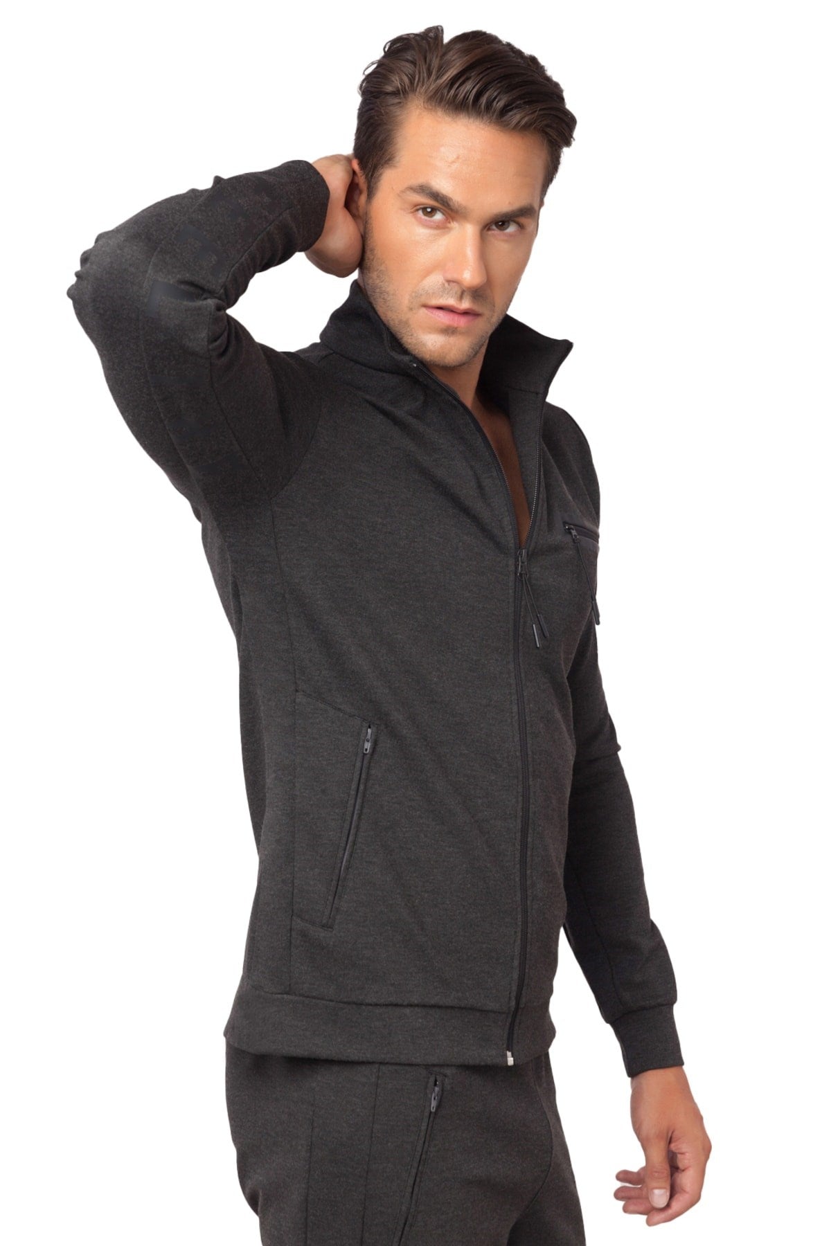 Men's Grey Straight Collar Pocket Detailed Zipper Pocket Sports Casual Tracksuit Top Tracksuit 0012