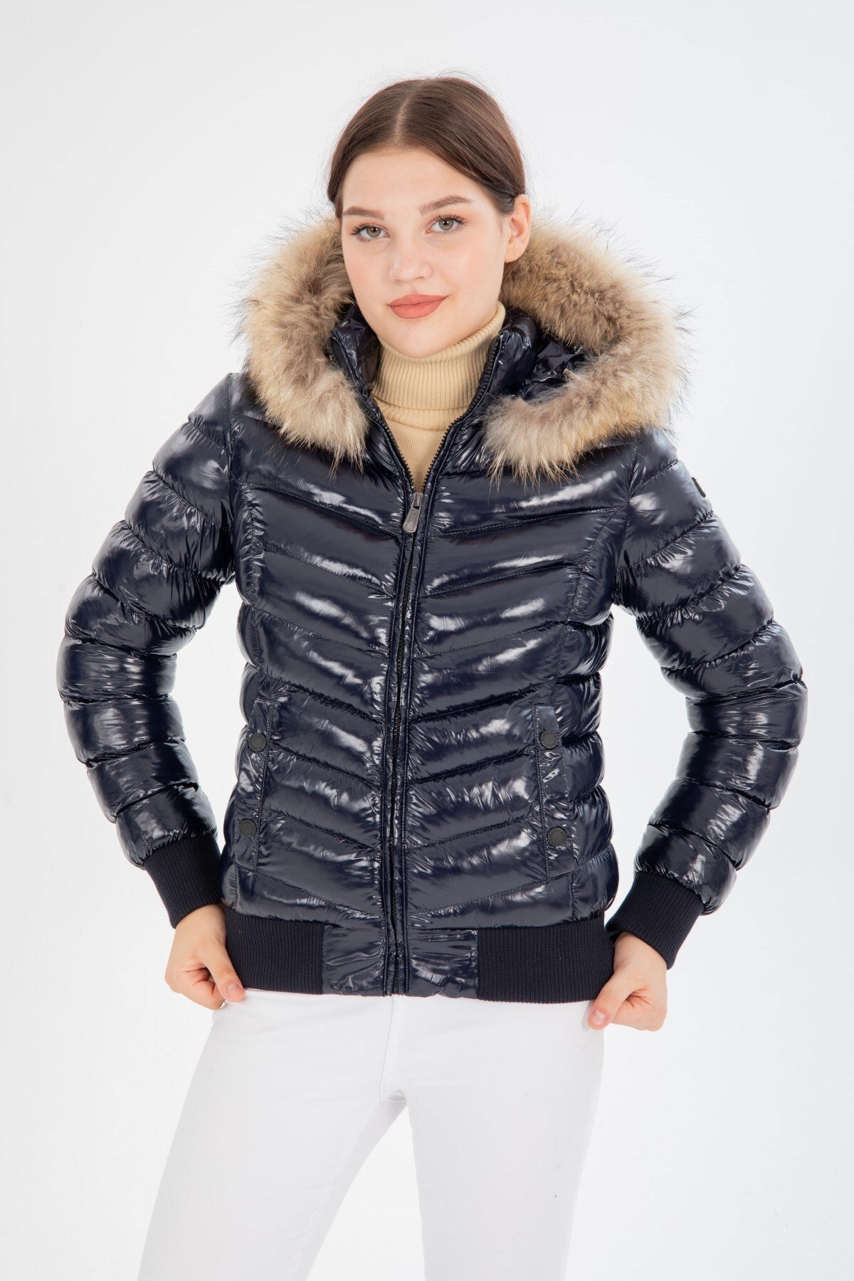 Women's Short Removable Fur Hooded Padded Water Repellent Inflatable Coat 8637 Gfx8637