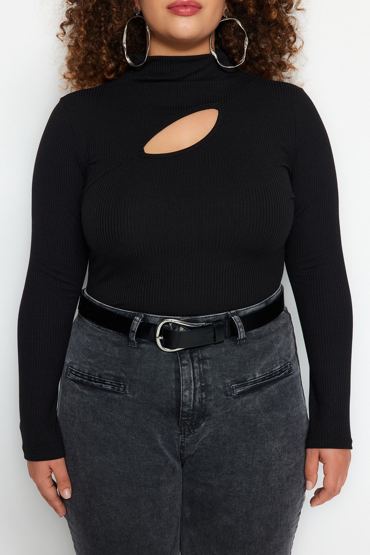 Black Round Neck Window/cut-out Detailed Knitted Blouse Tbbaw24af00049