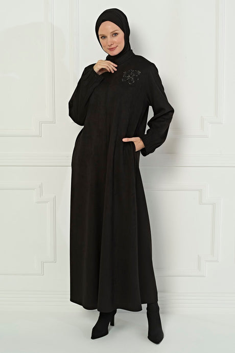 Unique Ribbed Sleeve Detailed Black Winter Abaya 3605 T22fr3m3605