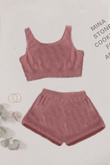 Solid Color 1 Set Sleeveless Strappy Plush Fleece Bottom Top Shorts Sleepwear Set Ms40809