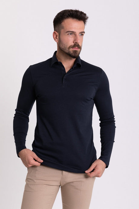 Solid Navy Color Slim Fit Long Sleeve Polo Collar Men's T-shirt 36672.21k