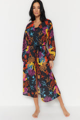 Underwater Pattern Belted Maxi Woven 100% Cotton Kimono&kaftan Tbess23km00063