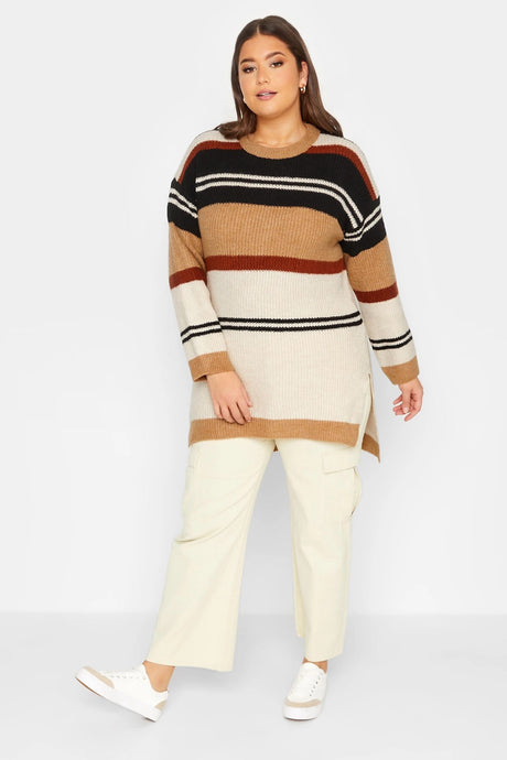 Plus Size Striped Round Neck Slit Detailed Knitwear Sweater 301831