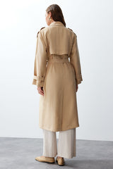 Beige Oversize Wide Cut Soft Textured Belted Long Trench Coat Twoss24tr00026