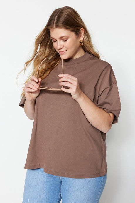 Brown Collar Ribbed Wide Pattern Basic Knitted Tshirt Tbbss23bf00017