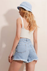 Women's Blue Five Pockets High Waist Pale Effect Leg Seamless Denim Shorts Alc-x5960