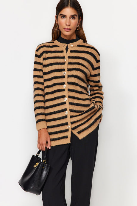 Ecru Navy Striped Gold Button Detailed Soft Textured Knitwear Cardigan Tctaw24th00046