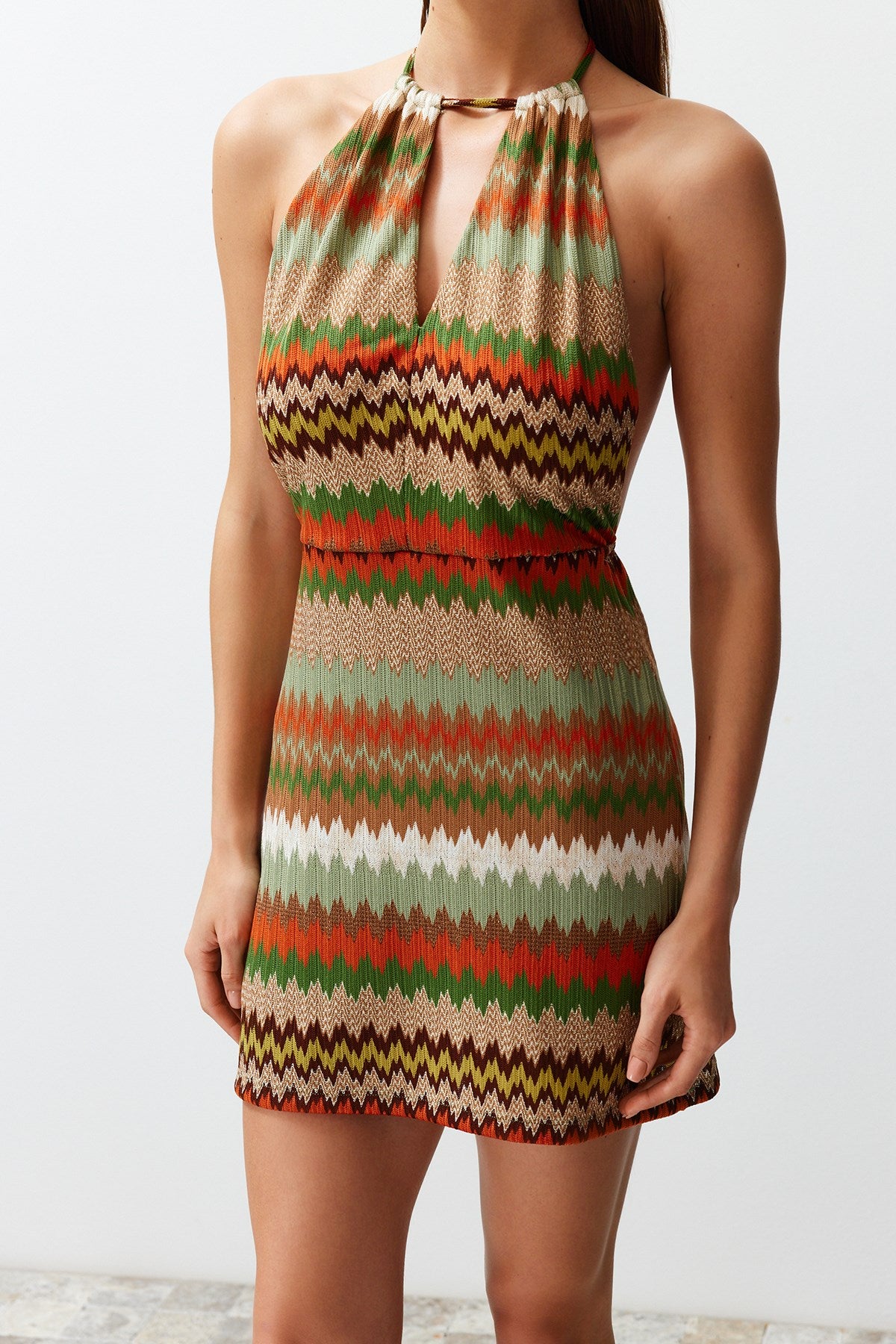 Geometric Pattern Mini Knitted Cut Out/window Knit Look Beach Dress Tbess24el00000