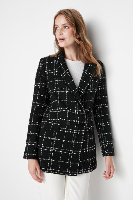 Black Tweed Regular Woven Plaid Blazer Jacket Twoaw21ce0105