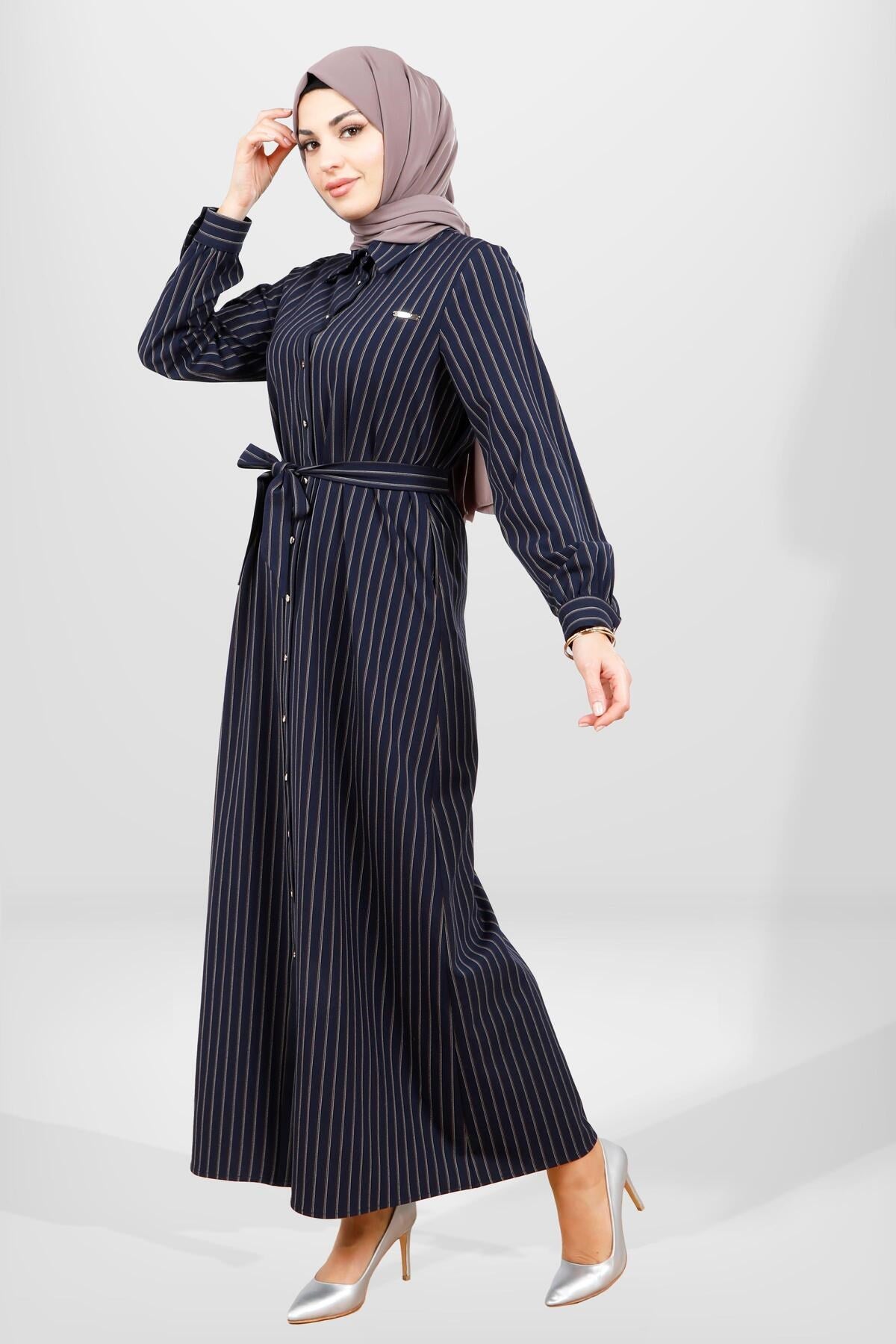 5559 Grey Striped Burkini Winter Dress T24elbk5559