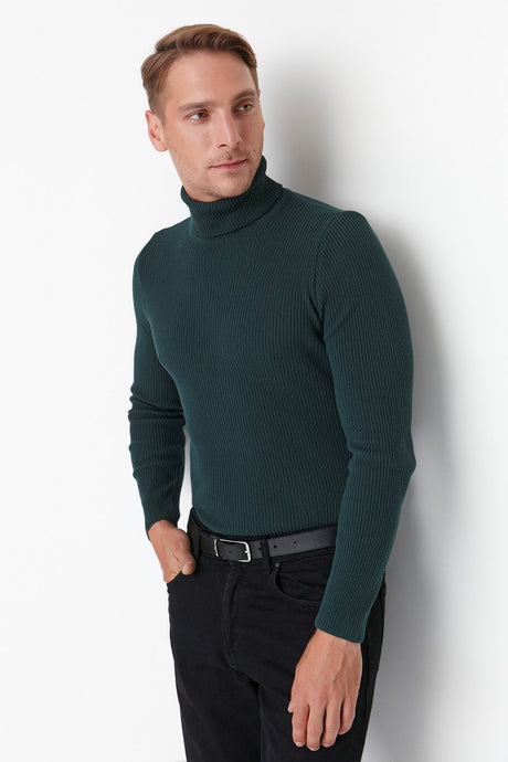 Grey Men's Slim Fit Turtleneck Ribbed Knit Basic Sweater Tmnaw20mg0031