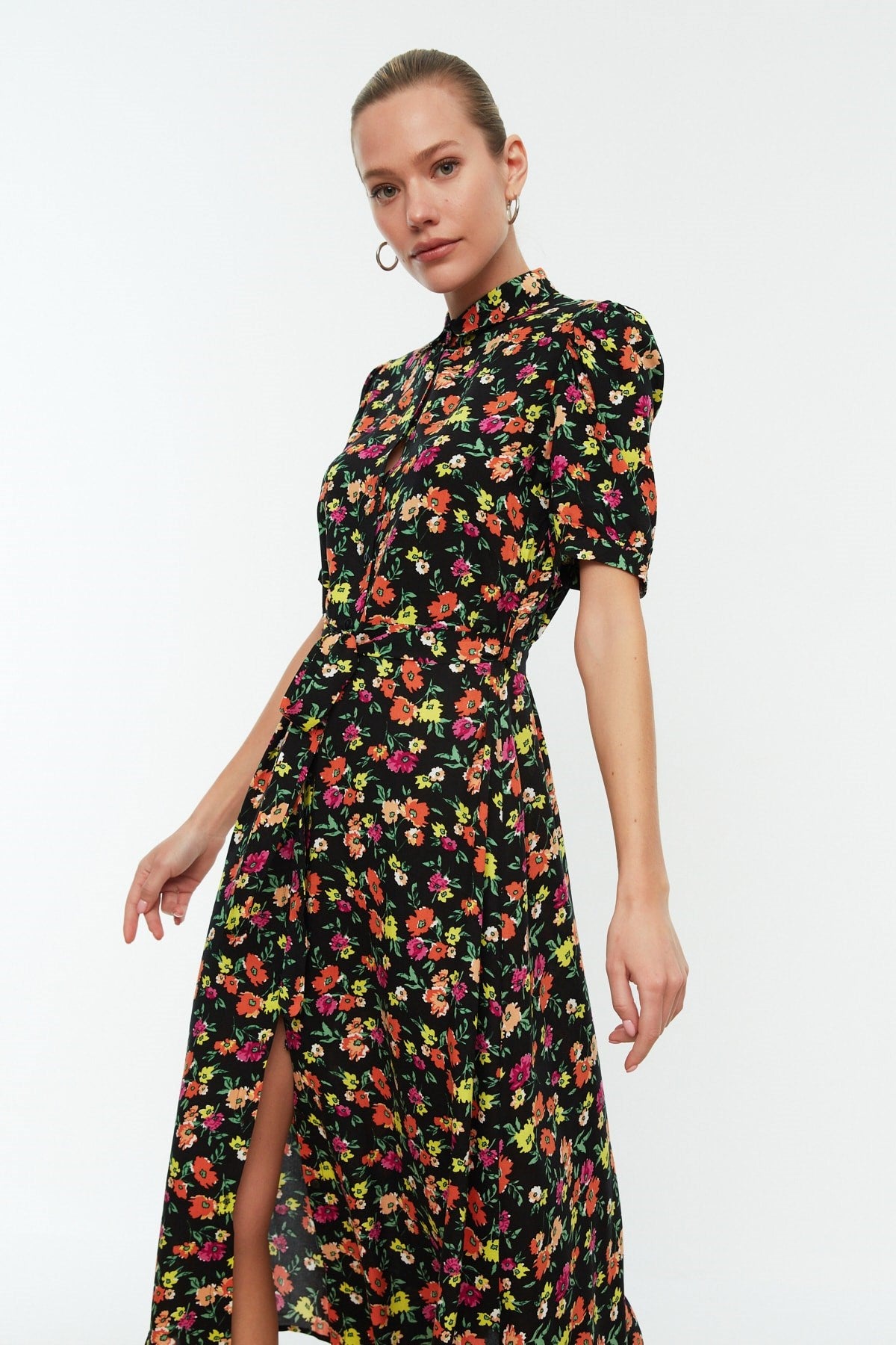 Green Floral Pattern Belted Midi Woven Viscose Shirt Dress Twoss20el1559