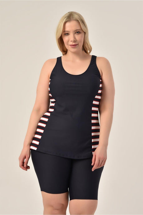 Women's Black Striped Plus Size Shorts Tankini 16169381