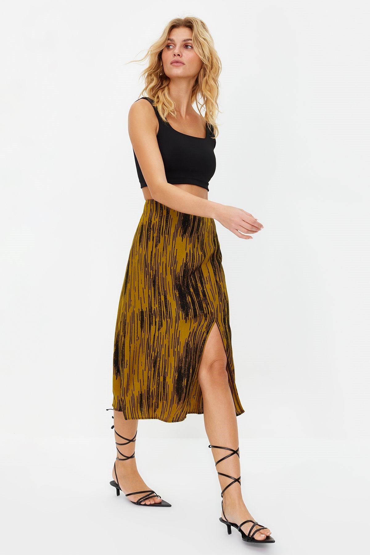 Black Slit Detailed Viscose Fabric Animal Print Midi Woven Skirt Twoaw22et0447