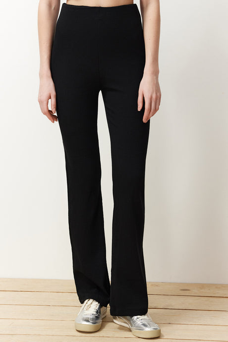 Black Crop Crew Neck Ribbed Stretch Knitted Blouse And Pants Bottom-top Suit Twoss21au0160