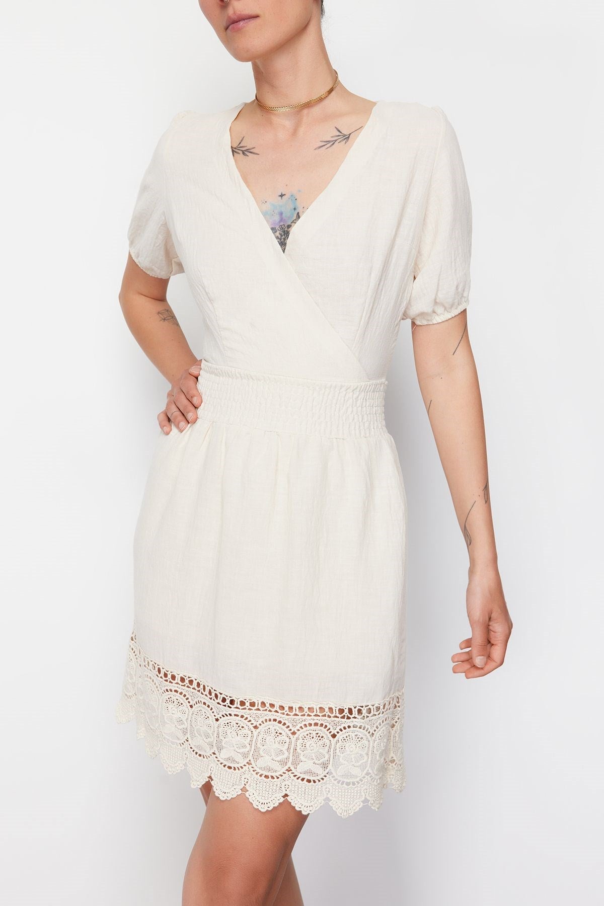 Ecru Linen Look Regular Woven Dress Tedss24el00047