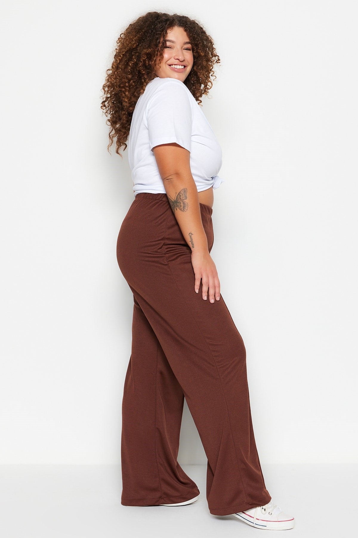 Brown Wide Cut Knitted Crepe High Waist Ribbed Pants Tbbss23ar00021