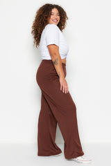 Brown Wide Cut Knitted Crepe High Waist Ribbed Pants Tbbss23ar00021