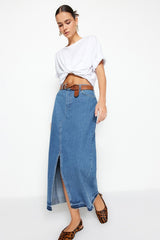 Dark Blue Slit Maxi Denim Skirt Twoss23et00289