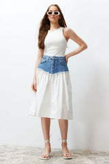 Blue Color Block High Waist Midi Denim Skirt Twoss24et00142