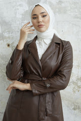 Ayora Double Breasted Collar Leather Trench - Taba Ms00or9834