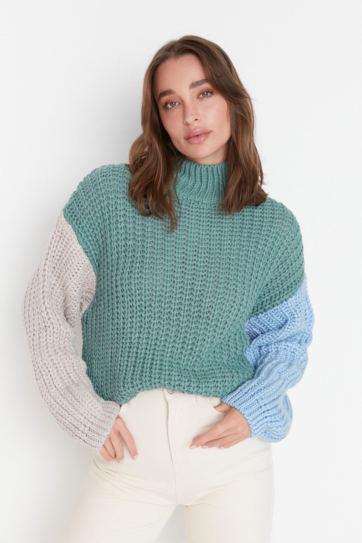 Mint Wide Pattern Soft Textured Color Block Knit Sweater Twoaw21kz0271