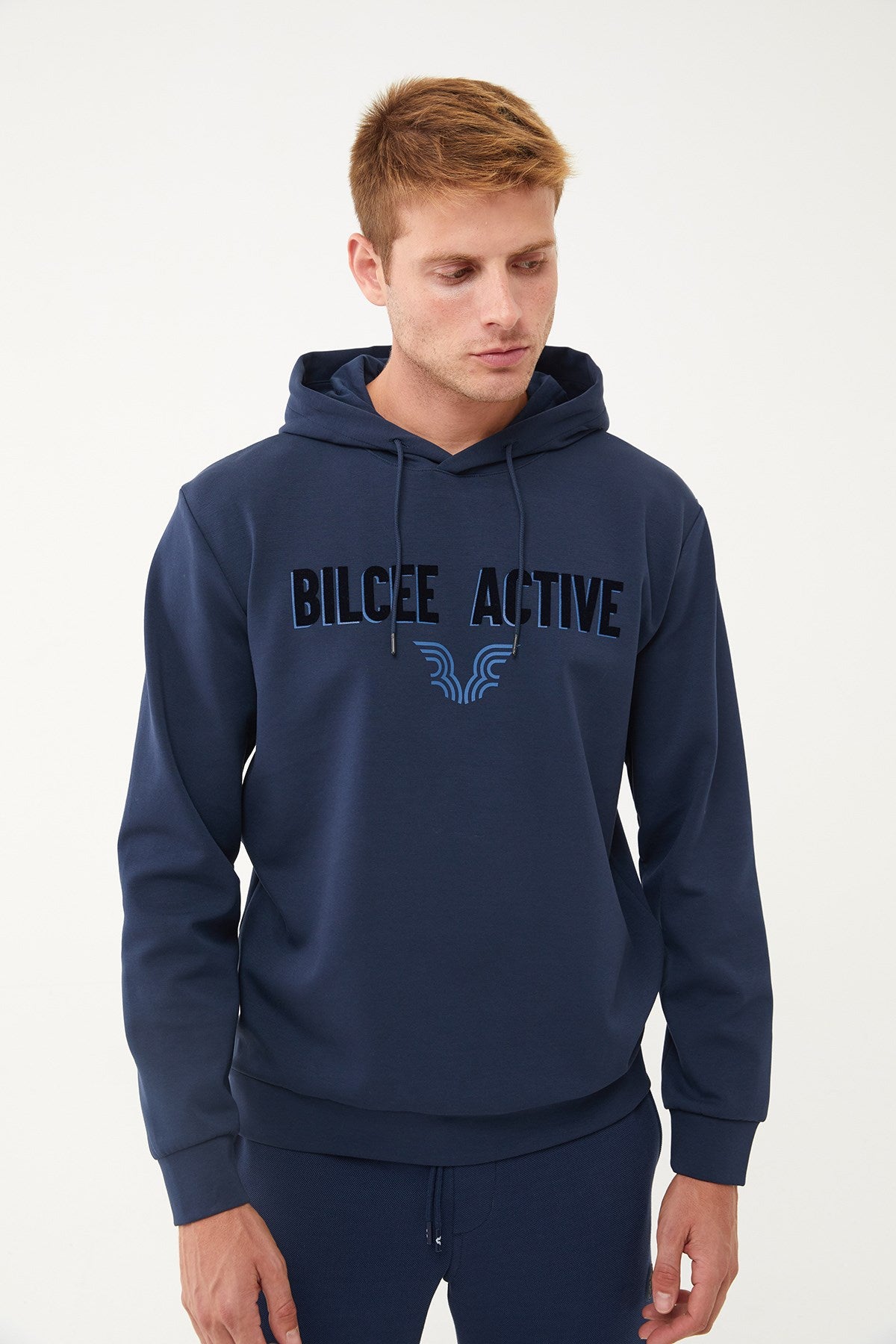 Men's Navy Blue Front Flock Printed Hooded Pocket Casual And Sports Sweatshirt 1541 Tb23ml11w1541-1