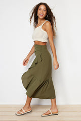 Khaki Ruffle Double-breasted Closure Midi Length Woven Skirt Twoss24et00001